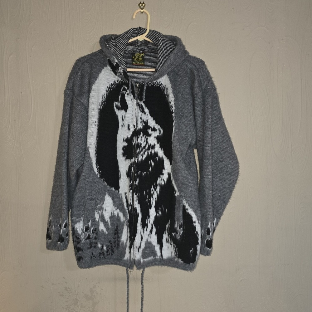 VTG Tejidos Ruminahul Wool Blend Full Zip Wolf Hoodie Made In Equador No Sz